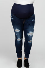 Navy Blue Distressed Cropped Maternity Plus Jeans