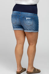 Blue Distressed Cuffed Hem Maternity Plus Denim Shorts