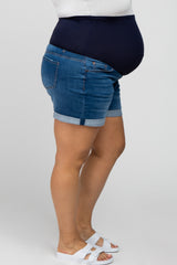 Blue Cuffed Hem Maternity Plus Denim Shorts