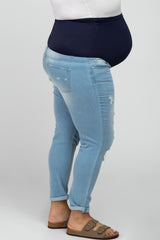 Light Blue Distressed Rolled Hem Maternity Plus Crop Jeans