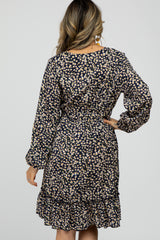 Navy Blue Floral Tied Waist Ruffle Hem Dress