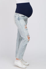 Light Blue Distressed Open Knee Cuffed Maternity Jeans