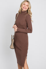 Brown Ribbed Turtleneck Button Accent Midi Dress