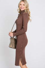 Brown Ribbed Turtleneck Button Accent Midi Dress