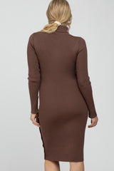 Brown Ribbed Turtleneck Button Accent Maternity Midi Dress