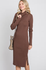 Brown Ribbed Turtleneck Button Accent Maternity Midi Dress