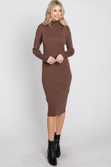 Brown Ribbed Turtleneck Button Accent Midi Dress