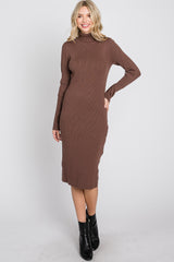 Brown Ribbed Turtleneck Button Accent Midi Dress