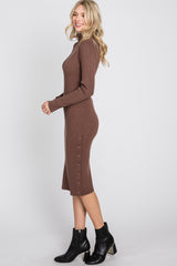 Brown Ribbed Turtleneck Button Accent Midi Dress