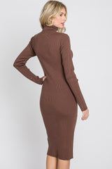 Brown Ribbed Turtleneck Button Accent Midi Dress