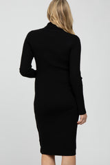 Black Ribbed Turtleneck Button Accent Maternity Midi Dress