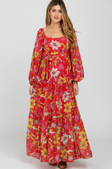 Red Floral Chiffon Square Neck Flowy Maternity Maxi Dress