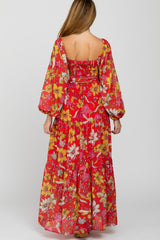 Red Floral Chiffon Square Neck Flowy Maternity Maxi Dress