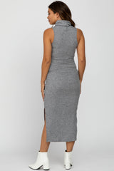 Heather Grey Ribbed Turtleneck Fitted Midi Maternity Dress