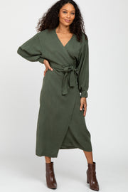 Olive Wrap Sweater Knit Midi Dress