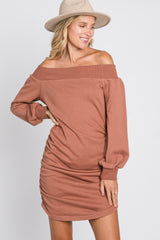 Salmon Off Shoulder Ruched Side French Terry Dress