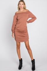 Salmon Off Shoulder Ruched Side French Terry Dress