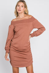 Salmon Off Shoulder Ruched Side French Terry Dress