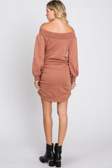 Salmon Off Shoulder Ruched Side French Terry Dress