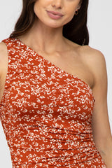 Rust Floral Ruched One Shoulder Dress