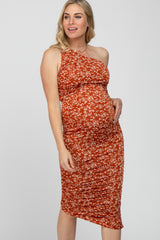 Rust Floral Ruched One Shoulder Maternity Dress