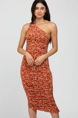 Rust Floral Ruched One Shoulder Dress