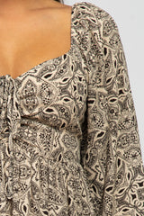 Taupe Paisley Print Ruched Bust Dress