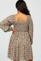 Taupe Paisley Print Ruched Bust Dress