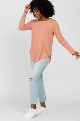 Peach Basic Waffle Knit Long Sleeve Top