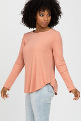 Peach Basic Waffle Knit Long Sleeve Top