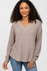 Taupe V Neck Waffle Knit Maternity Top