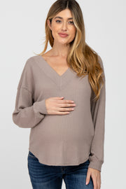 Taupe V Neck Waffle Knit Maternity Top