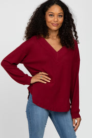 Burgundy V Neck Waffle Knit Top