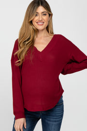 Burgundy V Neck Waffle Knit Maternity Top