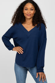 Navy V Neck Waffle Knit Top