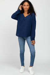 Navy V Neck Waffle Knit Top