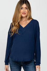 Navy V Neck Waffle Knit Maternity Top