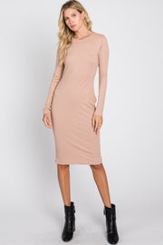 Beige Ribbed Fitted Long Sleeve Dress