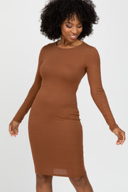 Camel Ribbed Fitted Long Sleeve Dress