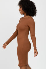 Camel Ribbed Fitted Long Sleeve Dress