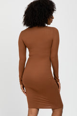 Camel Ribbed Fitted Long Sleeve Dress