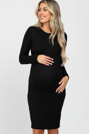 Black Ribbed Fitted Long Sleeve Maternity Dress