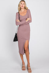 Mauve Ribbed Front Slit Maternity Midi Dress