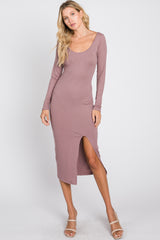 Mauve Ribbed Front Slit Midi Dress