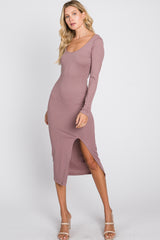 Mauve Ribbed Front Slit Midi Dress