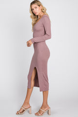 Mauve Ribbed Front Slit Midi Dress