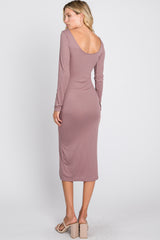 Mauve Ribbed Front Slit Midi Dress