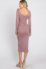 Mauve Ribbed Front Slit Midi Dress