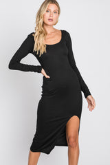 Black Ribbed Front Slit Midi Dress