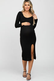 Black Ribbed Front Slit Maternity Midi Dress